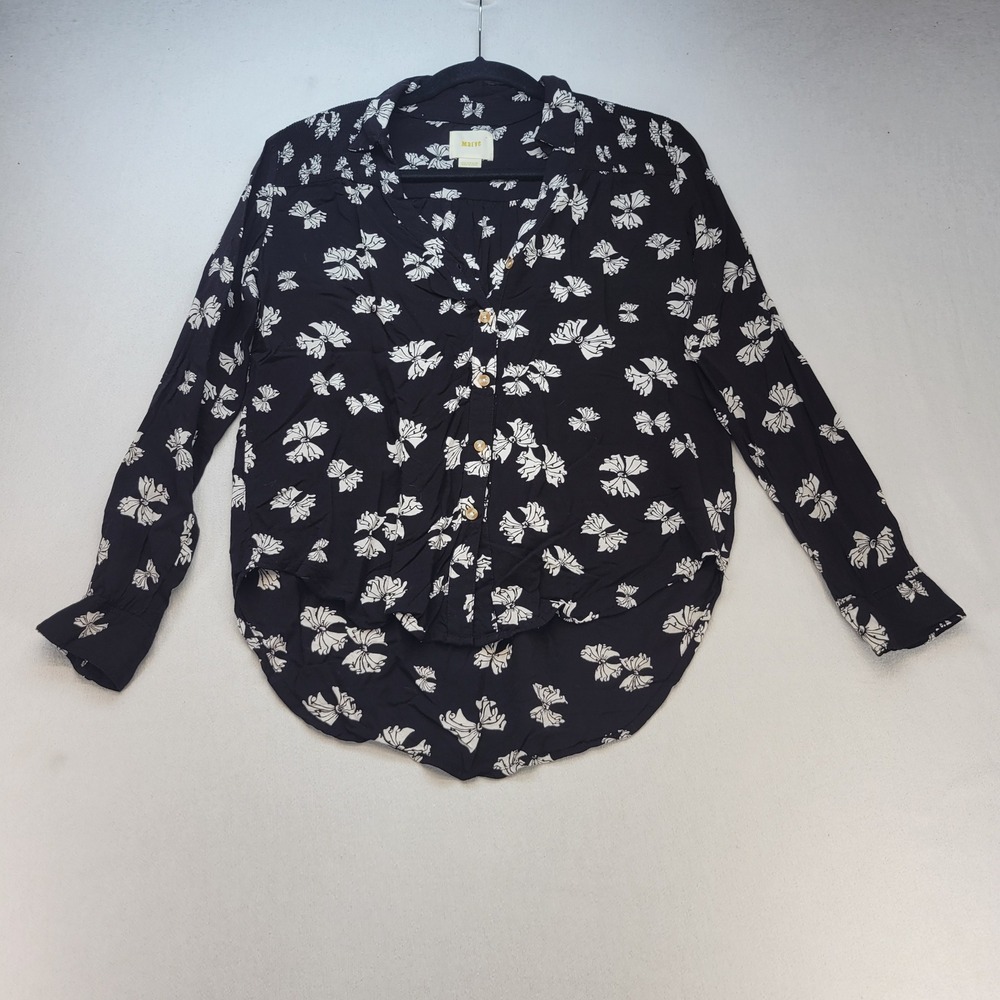 Maeve Button Down Blouse Womens 2 Black White Bow Print Smocked High Low Top
